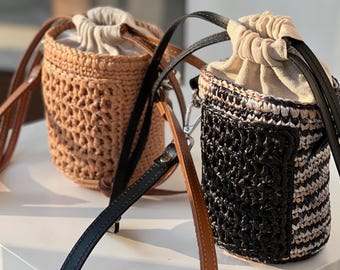 Handmade Raffia Crossbody Bucket Bag: Leather Strap Boho Purse