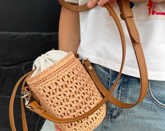 Raffia Crochet Bucket Bag, Leather Strap, Summer Resort Crossbody, Eco Friendly Style