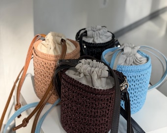 Crochet Raffia Bucket Bag, Minimalist Crossbody Summer Vacation Purse, Straw Bag