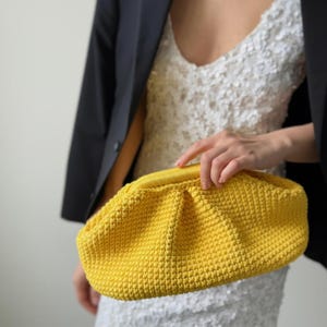 Yellow Crochet Dumpling Clutch Bag with Gold Chain Strap