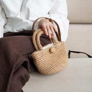 Raffia Bag with Leather Strap, Summer Bag, Crochet Raffia Mini Bag, Straw Handbag, Crossbody Bag, Women&#39;s Bag, Crochet Bag