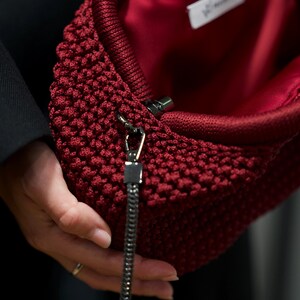 Burgundy crochet women bag with metal strap and lining