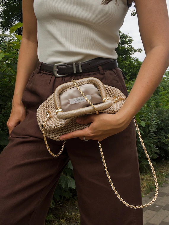 Handmade Crochet Clutch Bag: Gold Chain Kiss Lock Evening Handbag