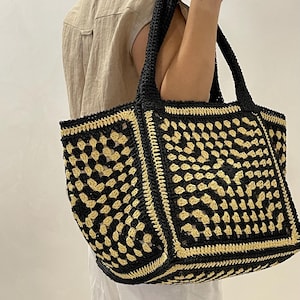 Crochet Raffia Tote Bag: Boho Granny Square Beach Purse