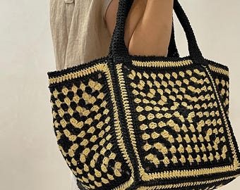 Crochet Raffia Tote Bag – Boho Granny Square Bag, Crochet Summer Beach Bag, Large Straw Purse for Vacation, Travel & Everyday Style