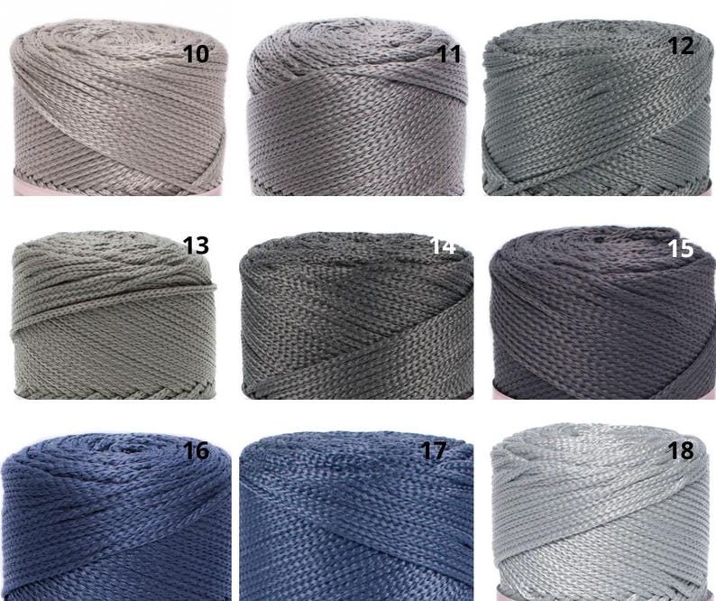 May include: Nine spools of nylon rope in a range of grey and blue hues. Each spool is numbered from 10 to 18. The colours vary from light grey to dark navy, highlighting the rope's texture and colour variations. Ideal for crafting and DIY projects.