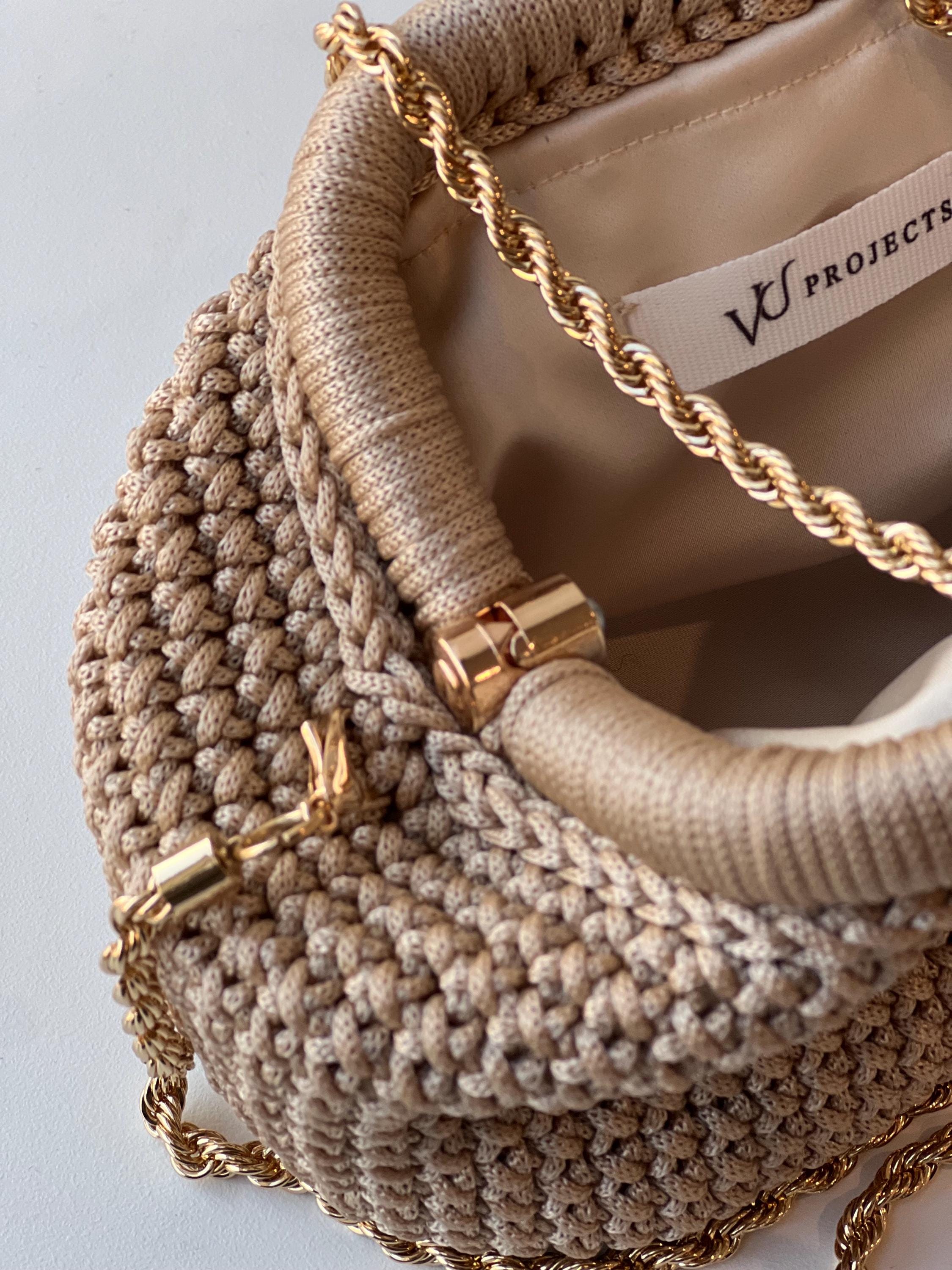 Crochet Clutch Bag: Gold Chain Kiss Lock Evening Handbag, Bags and