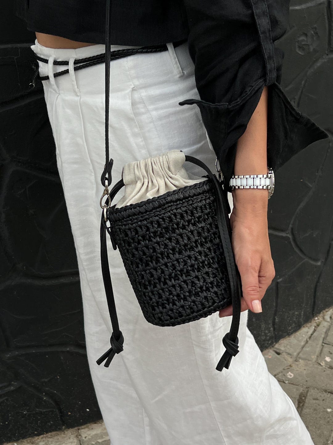 Black Raffia Bucket Bag With Leather Strap, Handmade Summer Crossbody ...