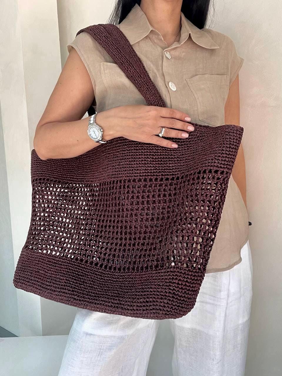 AYNKH Häkeln Tote Tasche Braun - Strand Mesh Shopper Boho Handtasche Für Frauen