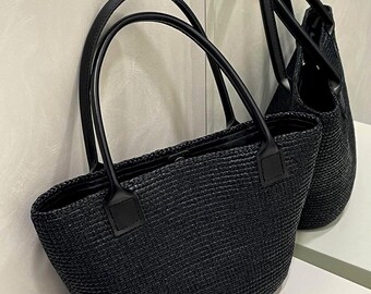 Black Raffia Top Handle Bag: Handmade Leather Shoulder Tote