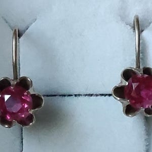 May include: A pair of silver earrings with pink flower-shaped settings and red gemstones.
