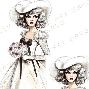 Braut Clipart, Junge Frau, Hochzeitskleid, Retro-Braut, Aquarell Clipart, Frau Png, Skizze, Hochzeit, Zeichnungs-Skizze, weißes Kleid