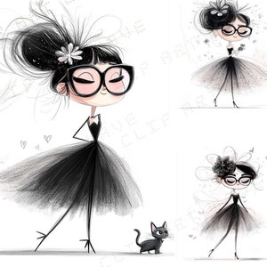 Clipart fille et chat, clipart filles, clipart aquarelle imprimable, png femme, numérique, créations en papier, style de croquis de femme, dessin au crayon