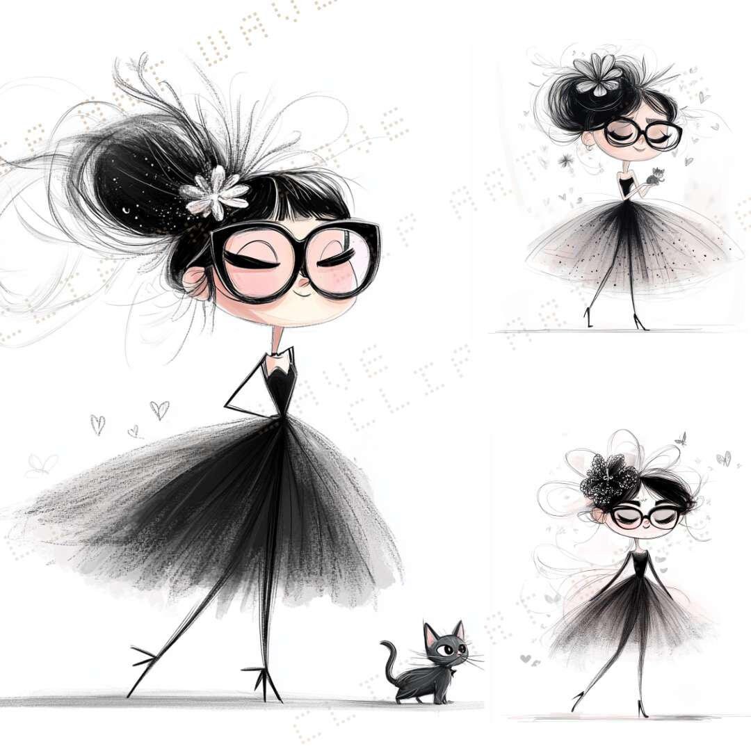 Girl and Cat Clipart: Watercolor Pencil Sketch (Digital Download)
