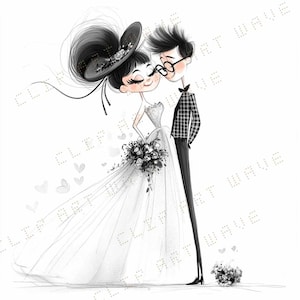 Jeune couple, fille et garçon, robe de mariée, clipart fille, clipart aquarelle, png femme, style de croquis de femme, dessin au crayon, mariage