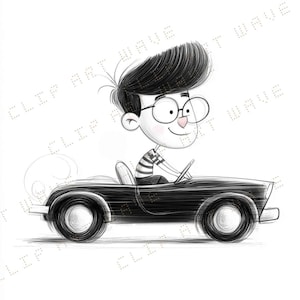 Junge und Auto, Clipart Junge, druckbare Aquarell Clipart, Junge png, Papierkunst, Junge Auto Skizze, Bleistiftzeichnung, Auto png