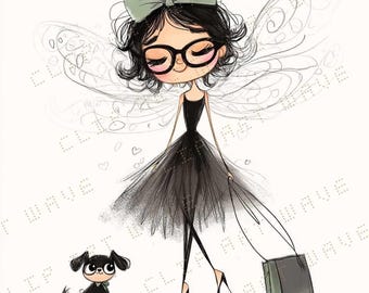 Girl and Dog Clipart: Watercolor Pencil Sketch (Digital Download)