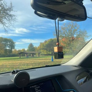 May include: An interior car view featuring the rearview mirror and dashboard. A small air freshener, with a wooden top and black base, hangs from the mirror. The dashboard includes a digital display and a phone mount. The background shows a park with trees and a blue sky.