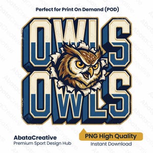 May include: A graphic design featuring the word OWLS in bold, blocky, blue and cream letters with a 3D effect. A brown and yellow owl head is centered, appearing to burst through the middle of the text with a torn paper effect. The text is repeated.