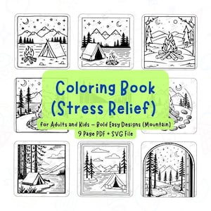 Stress Relief Coloring Pages for Adults and Kids – Bold Easy Mountain Designs | Relaxing Camping, Nature, Landscape | Digital PDF and SVG