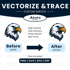 May include: A promotional graphic for vectorization and tracing services. It features an eagle head illustration with the text "VECTORIZE & TRACE" and "CUSTOM SERVICE." Includes "Before pixel" and "After vector" comparisons, and file format icons.