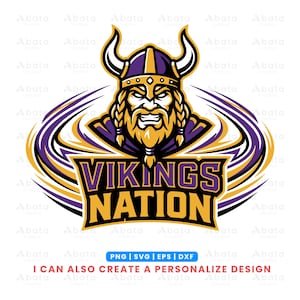 May include: A digital illustration of a Viking warrior wearing a horned helmet, with a stern expression and a braided beard. The words "VIKINGS NATION" are in a bold, gold font. The design includes purple and gold accents.
