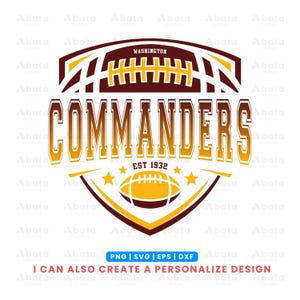 May include: A shield-shaped graphic with the text "COMMANDERS" in a bold, gold font. The design includes a football, stars, and the text "WASHINGTON" and "EST 1932". The color scheme is burgundy, gold, and white.