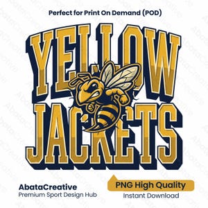 May include: A graphic design featuring the text YELLOW JACKETS in bold, gold-colored block letters with dark blue outlines. Centered between the words is an illustration of an aggressive yellow jacket wasp with gold and black stripes.