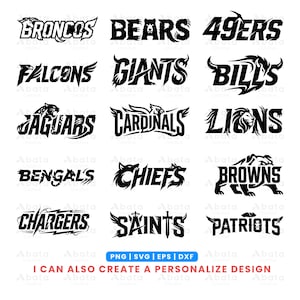 May include: A collection of fifteen black and white graphic logos featuring American football team names including Broncos, Bears, 49ers, Falcons, Giants, Bills, Jaguars, Cardinals, Lions, Bengals, Chiefs, Browns, Chargers, Saints, and Patriots.