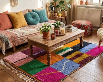 Neon Moroccan Azilal Rug | Hot Pink Blue Geometric Wool Carpet