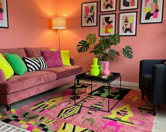 Authentic Handmade Moroccan Rug | Bright Pink Geometric Tribal Wool Carpet | Colorful Maximalist Area Rug