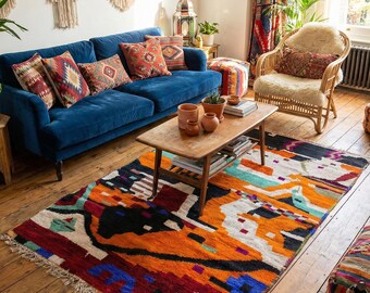 Handmade Wool Moroccan Rug | Abstract Orange Black Geometric Carpet