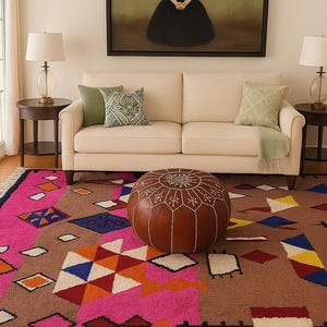 Handmade Pink Boujad Rug: Moroccan Berber Wool Carpet