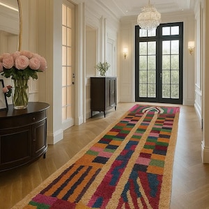 Handwoven Beni Ourain Runner Rug: Multicolored Moroccan Wool Hallway Rug