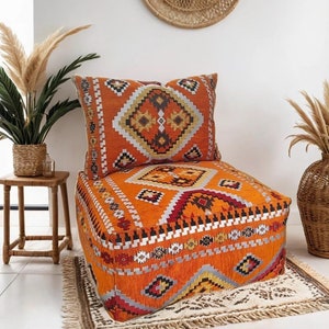 Red, Green, Orange Floor cushion with backrest,[UNSTUFFED], floor sofa, Moroccan kilim pouf, Vintage Moroccan ottoman, pouf, kilim pouffe
