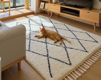 Beniourain Tappeto marocchino fatto a mano in lana: tappeto berbero trapuntato bianco acciaio