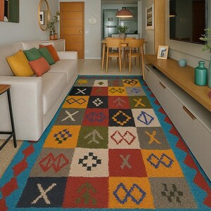 Hand Knotted Beni Ourain Rug: Colorful Geometric Moroccan Wool Rug