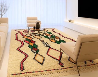 Handmade Beni Ourain Rug: Authentic Moroccan Wool Carpet, Ivory Diamond Design