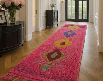 Custom Beni Ourain Runner rug - Moroccan runner rug - Pink runner rug - Hallway runner Morrocan - Soft Wool runner - Berber runner Pink