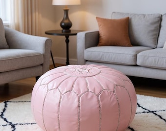 Next Day Delivey Prefilled Pink Moroccan Leather Pouf Ottoman