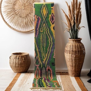 Handmade Berber Runner Rug: Colorful Moroccan Green Wool Carpet