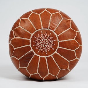 Prefilled Dark Brown Moroccan Leather Pouf: Footstool Ottoman