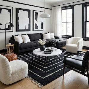 Authentic Black Moroccan Rug | Minimalist White Geometric Lines Wool Carpet | Modern Monochromatic Area Rug