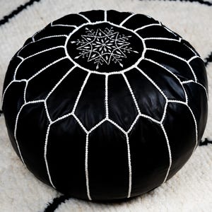 Handmade Black Leather Moroccan Pouf Ottoman