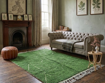 Handmade Emerald Green Wool Rug – Natural Beni Ourain Berber Shaggy Area Rug