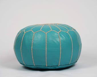 アズールブルー モロッコレザー プーフ：ハンドメイド ボヘミアン