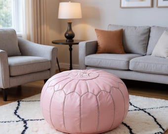 NEXT DAY DELIVERY Prefilled Handmade Pink Leather Pouf Ottoman: Moroccan Boho Floor Cushion (Prefilled)