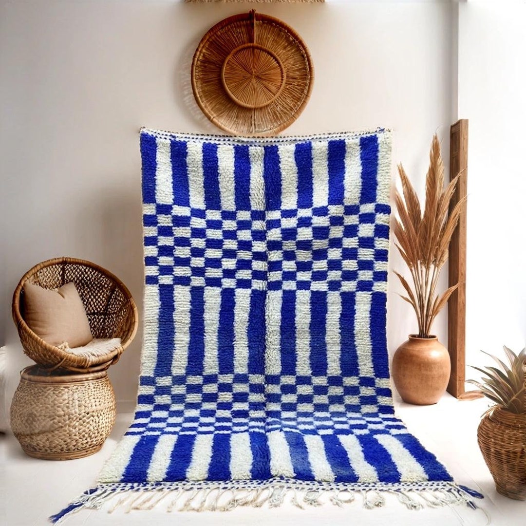 Large Check Blue Rug Large Blue and White Checkered Rug, Moroccan Berber Checkered Rug ...