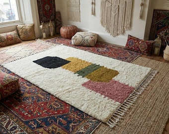 Handcrafted Moroccan Shag Rug, Boho Nursery Area Rug, Ivory Geometric Wool Carpet