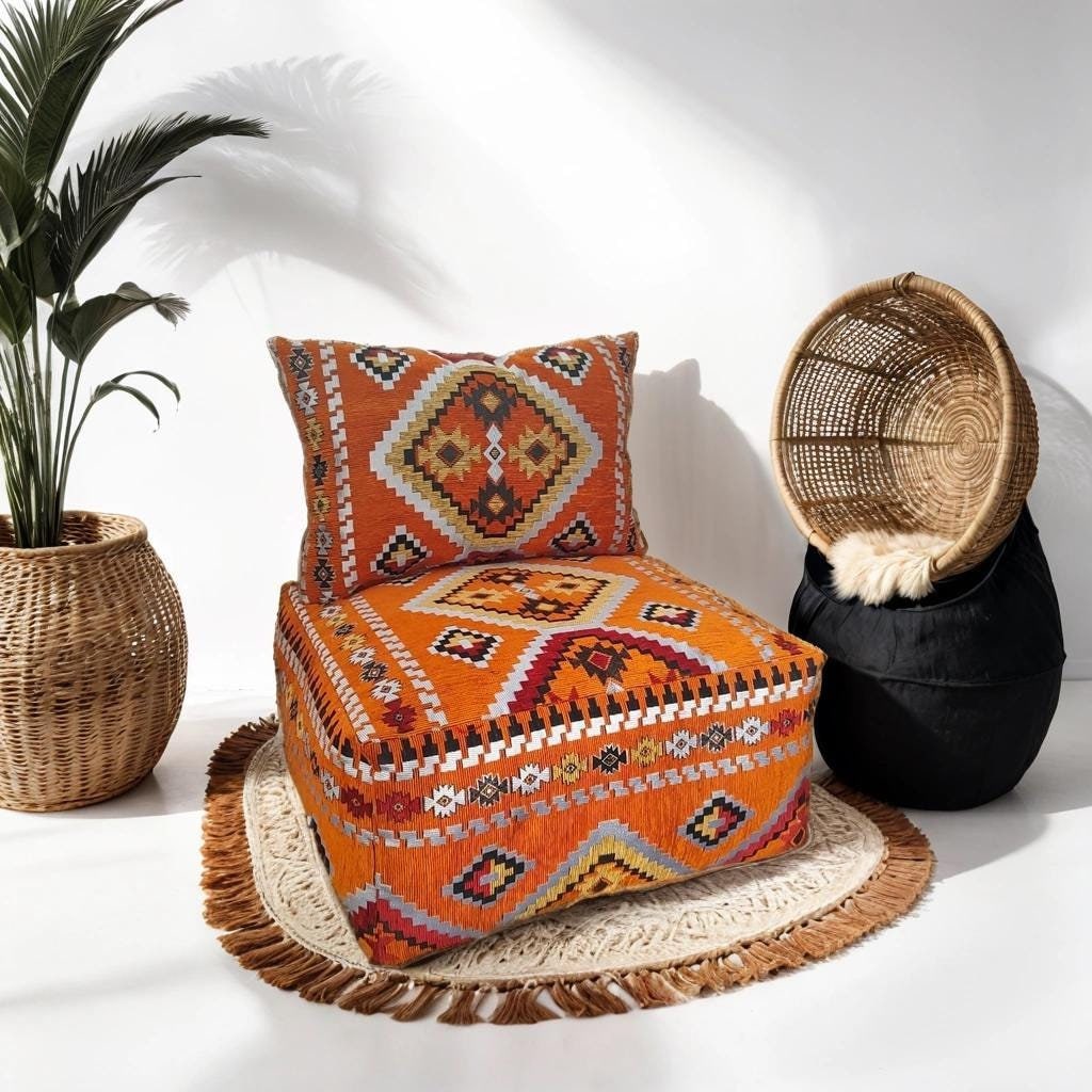 モロッコキリムフロアプーフ（背もたれ付き）：ヴィンテージオットマン